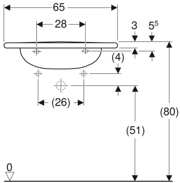 Умывальник Geberit Vitalis, для лиц с ограниченными возможностями: B=65см, T=60см, Отверстие под смеситель=Без, Перелив=Без, Белый 121565000